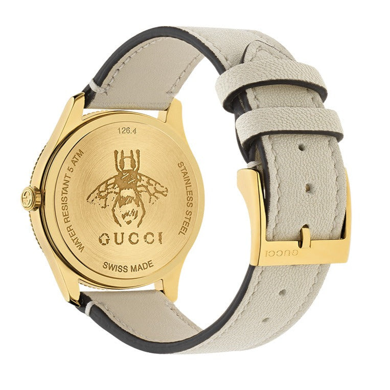 Shop Authentic Gucci G Timeless Quartz Gold Dial Beige Leather Strap Watch For Women - YA1264180 - Luxxuri