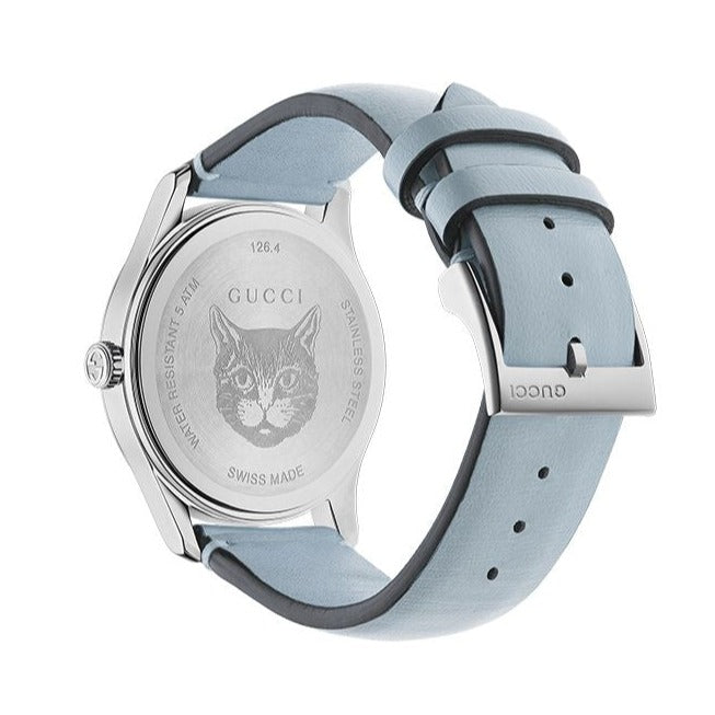 Shop Authentic Gucci G Timeless Quartz Mother of Pearl Dial Blue Leather Strap Watch For Women - YA1264124 - Luxxuri