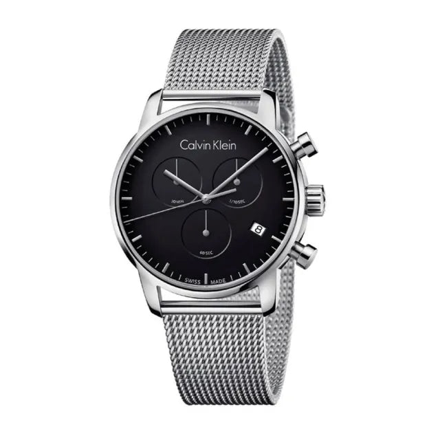 Shop Authentic Calvin Klein City Chronograph Black Dial Silver Mesh Bracelet Watch for Men - K2G27121 - Luxxuri