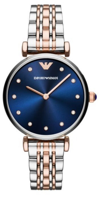 Shop Authentic Emporio Armani Gianni T Bar Crystal Blue Dial Two Tone Steel Strap Watch For Women - AR11092 - Luxxuri