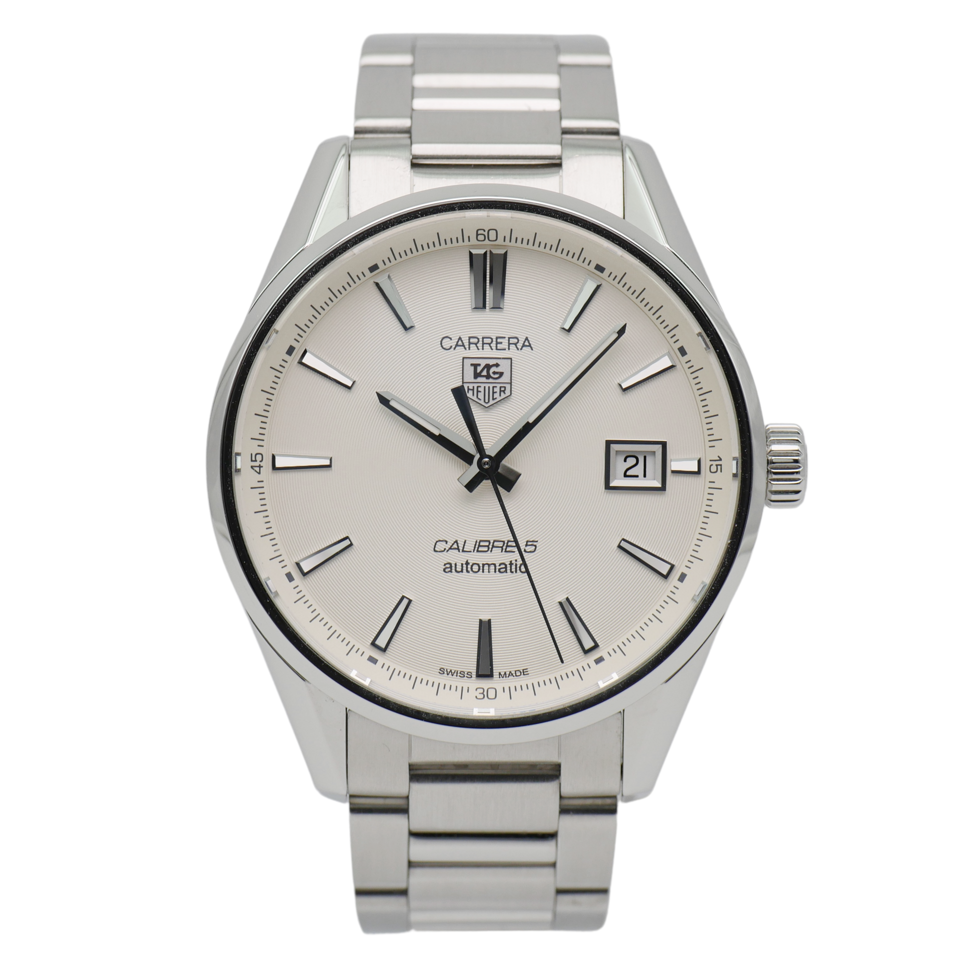 Tag Heuer Carrera Automatic Caliber 5 White Dial Silver Steel Strap Watch for Men - WAR211B.BA0782