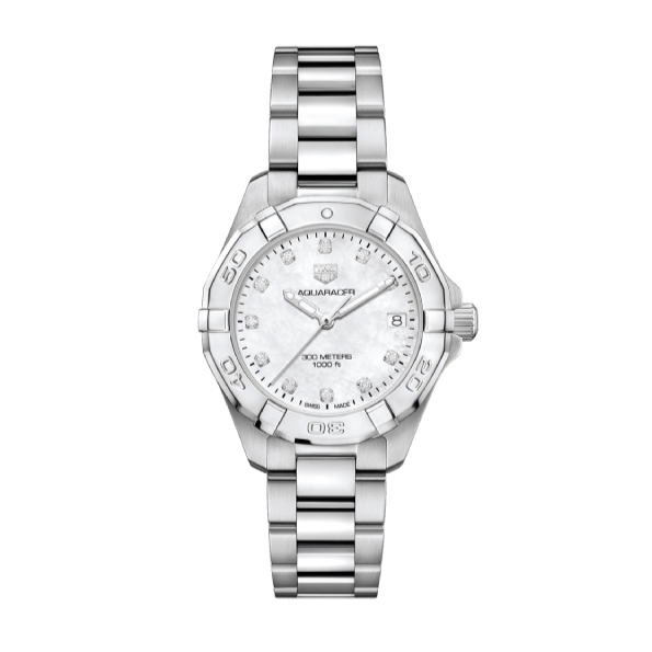 Tag Heuer Aquaracer Diamonds White Mother of Pearl Dial Silver Steel Strap Watch for Women - WBD1314.BA0740