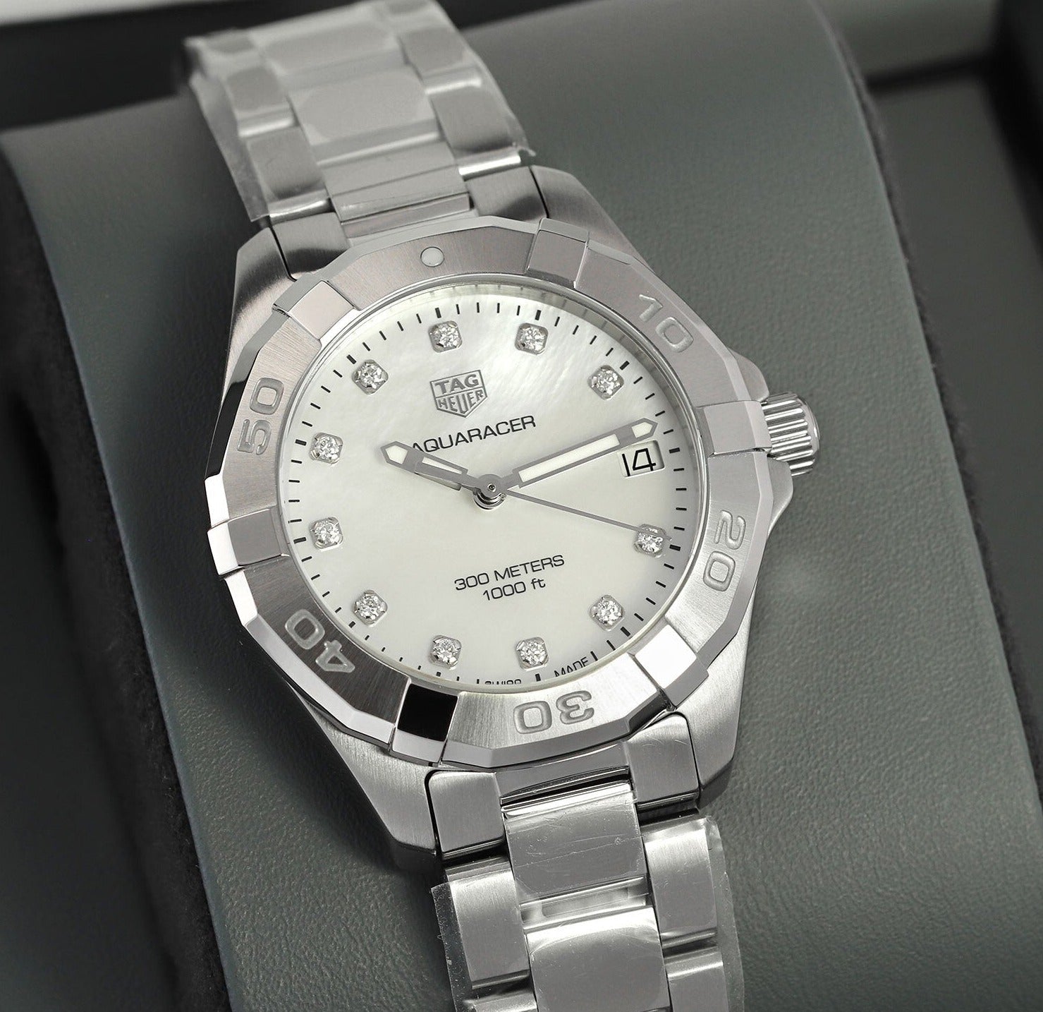Tag Heuer Aquaracer Diamonds White Mother of Pearl Dial Silver Steel Strap Watch for Women - WBD1314.BA0740