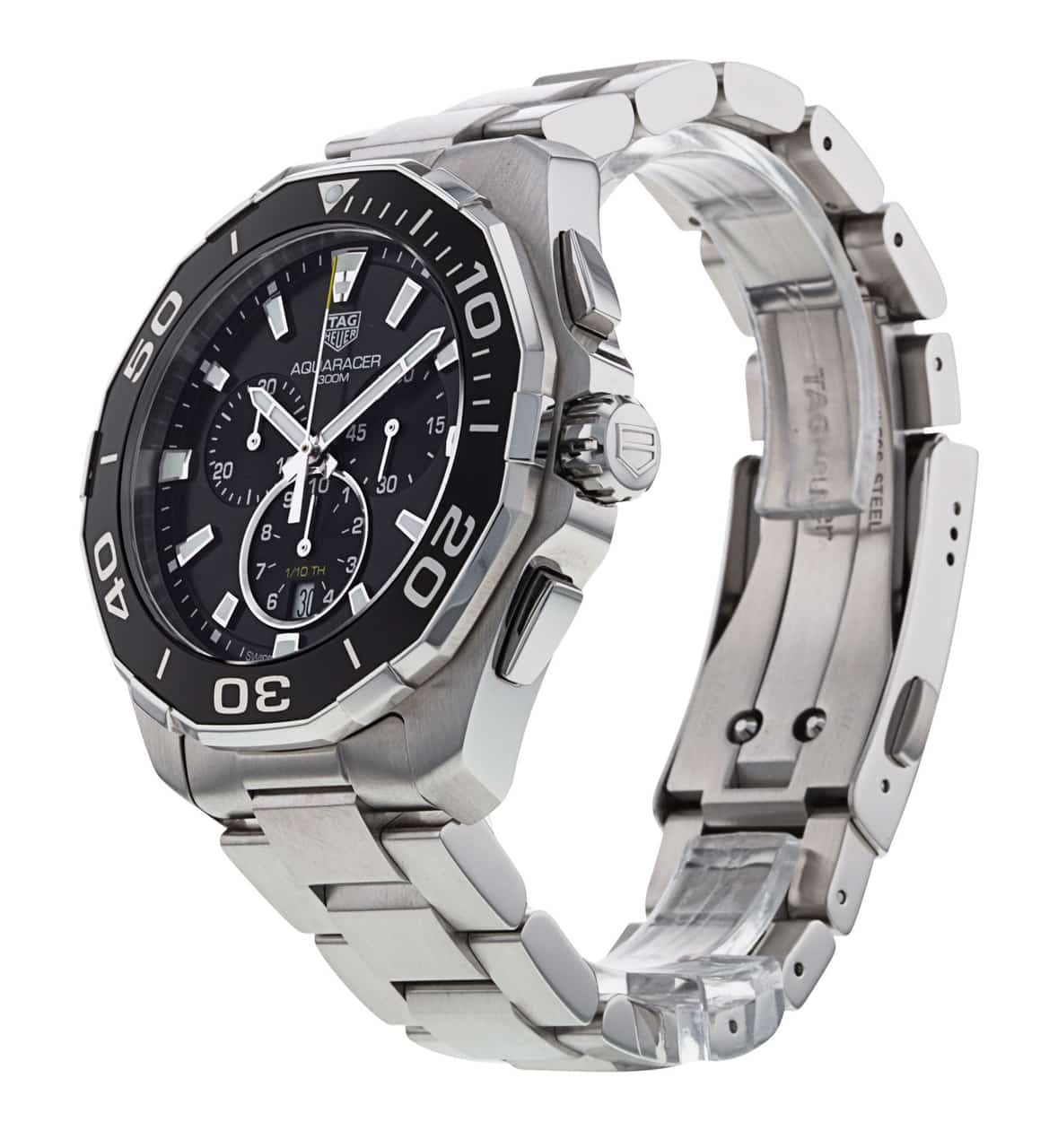 Tag Heuer Aquaracer Quartz Chronograph Black Dial Silver Steel Strap Watch for Men - CAY111A.BA0927