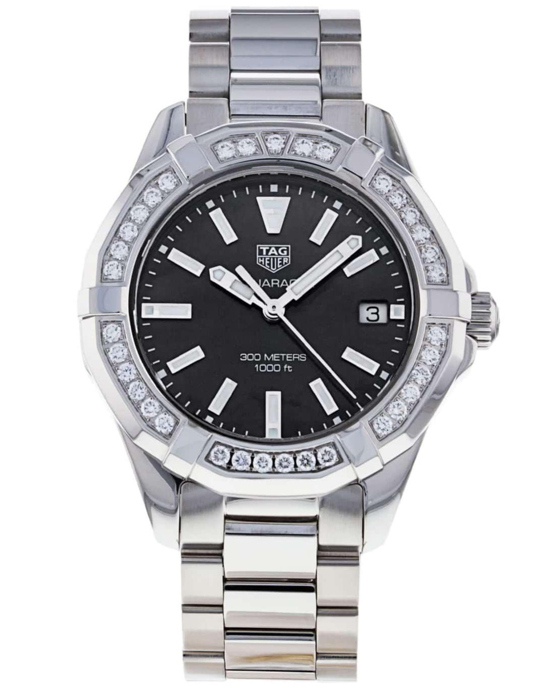 Tag Heuer Aquaracer Quartz Diamonds Black Dial Silver Steel Strap Watch for Women - WAY131P.BA0748