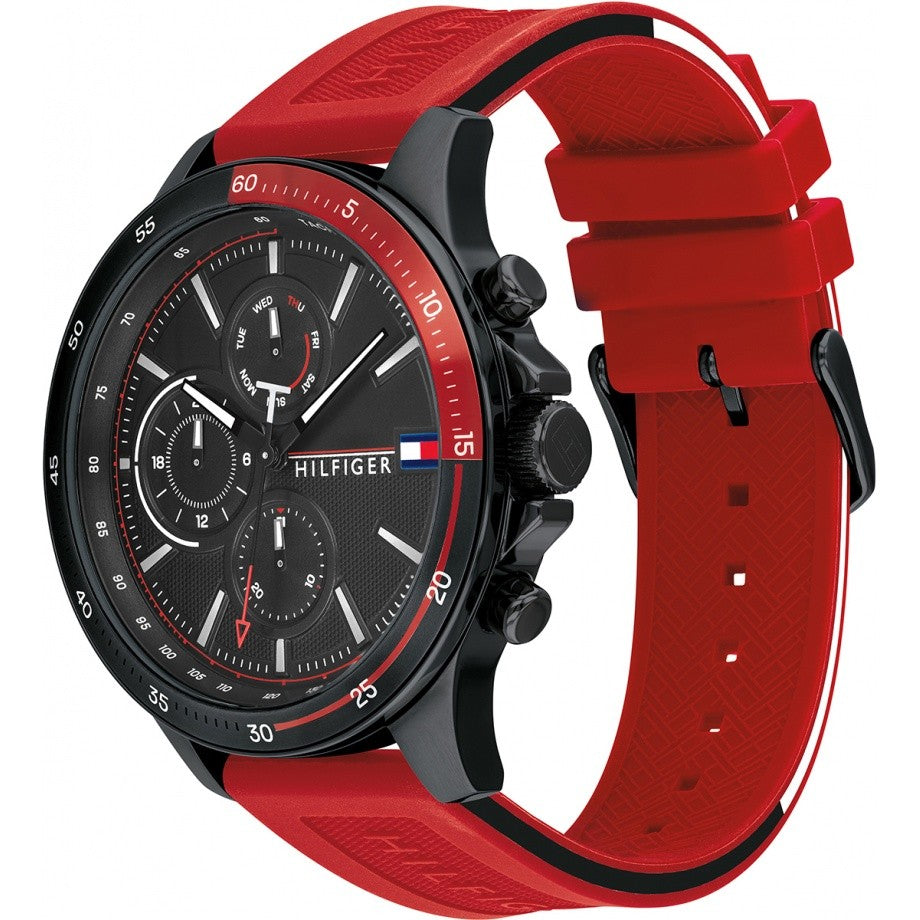 Tommy Hilfiger Multifunction Quartz Black Dial Red Rubber Strap Watch for Men - 1791722