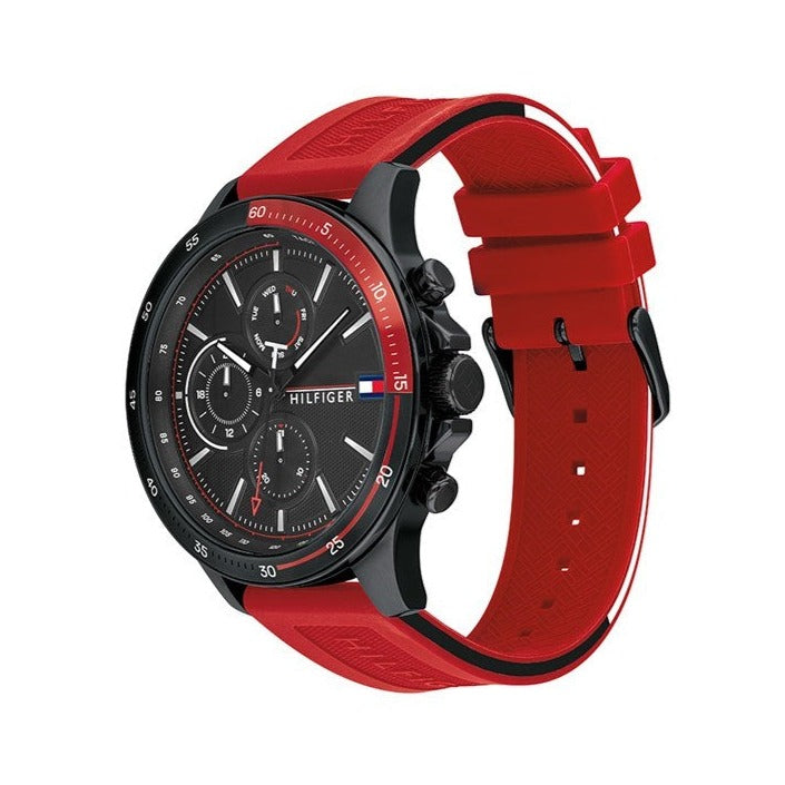 Tommy Hilfiger Multifunction Quartz Black Dial Red Rubber Strap Watch for Men - 1791722