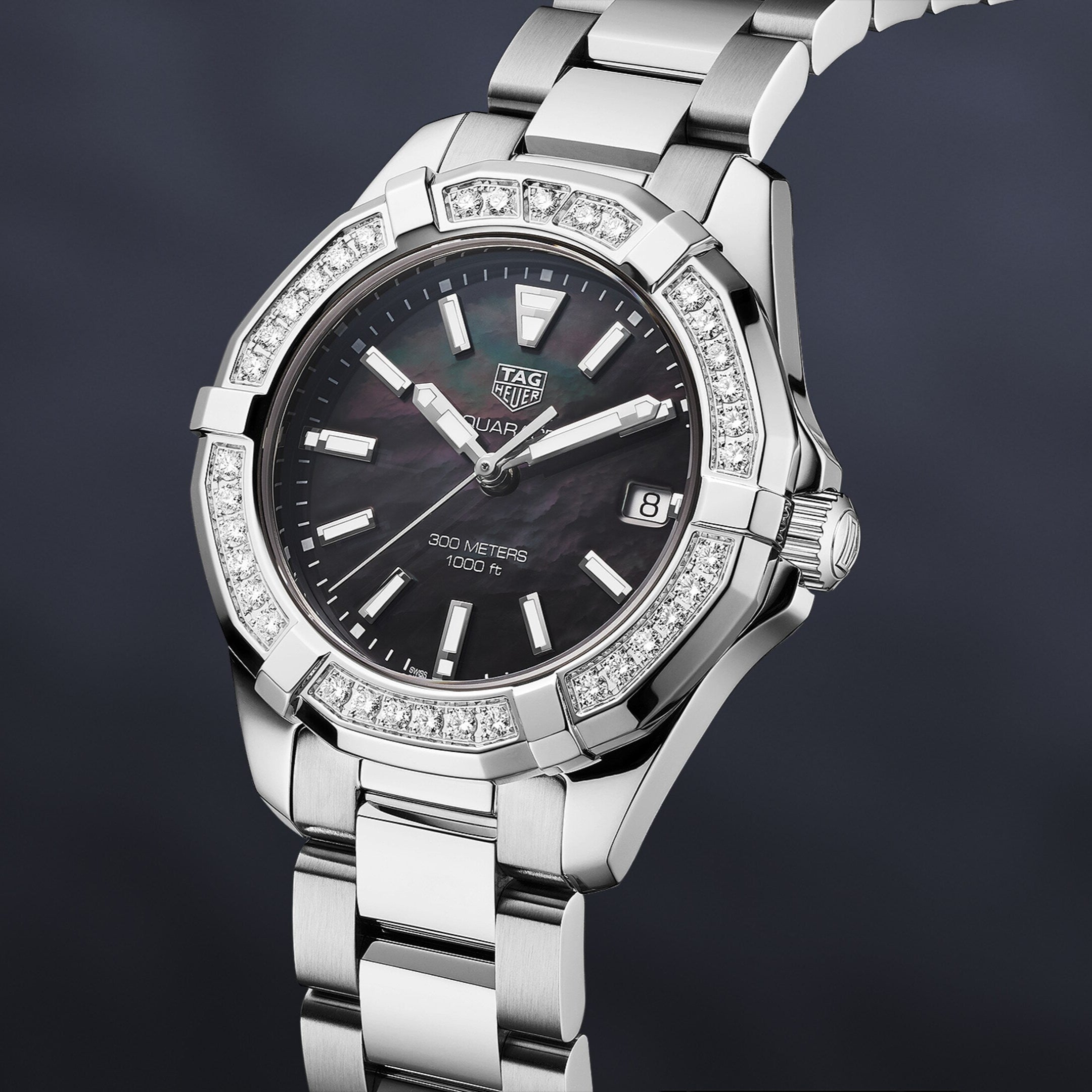 Tag Heuer Aquaracer Quartz Diamonds Black Dial Silver Steel Strap Watch for Women - WAY131P.BA0748