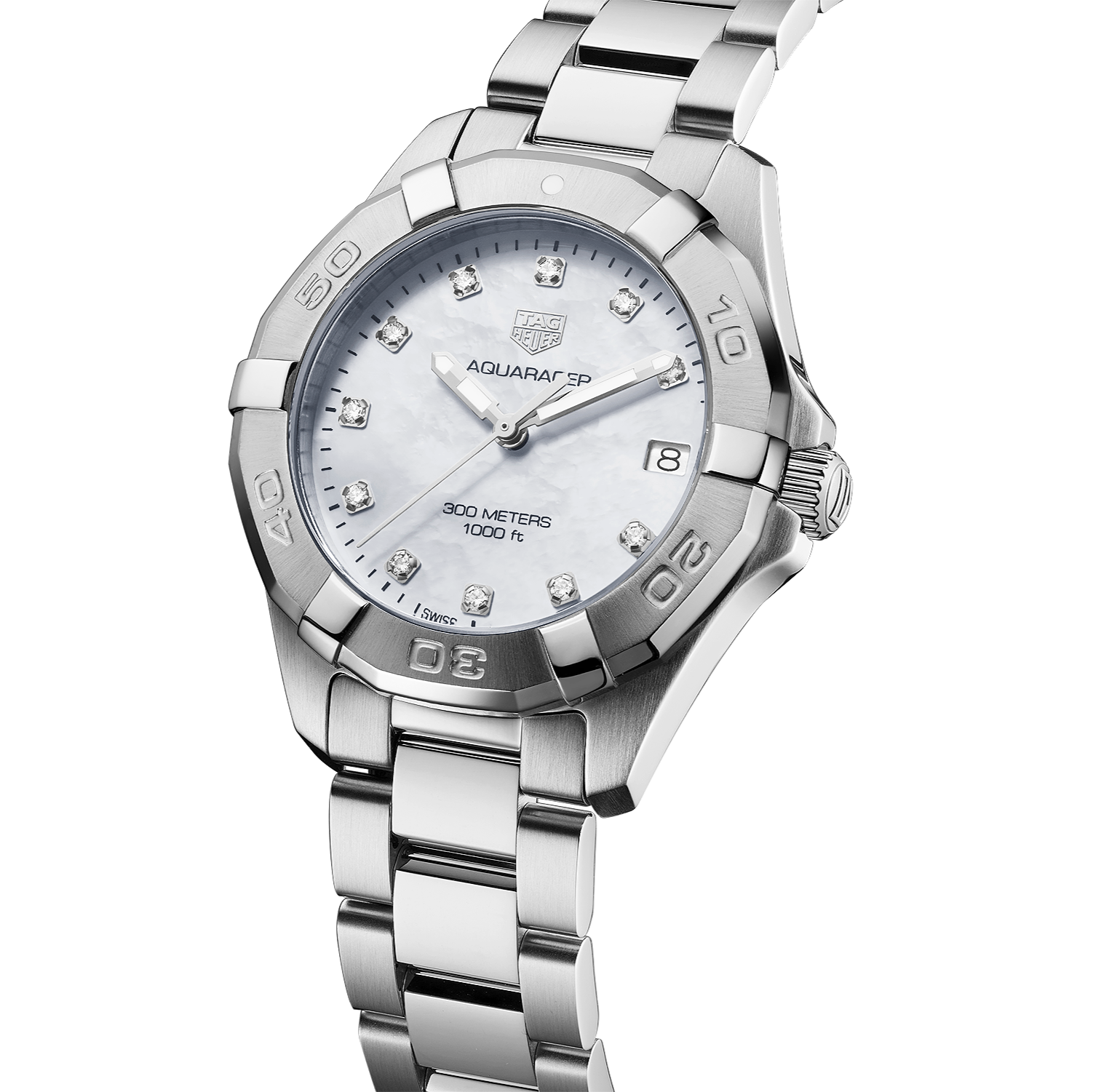 Tag Heuer Aquaracer Diamonds White Mother of Pearl Dial Silver Steel Strap Watch for Women - WBD1314.BA0740