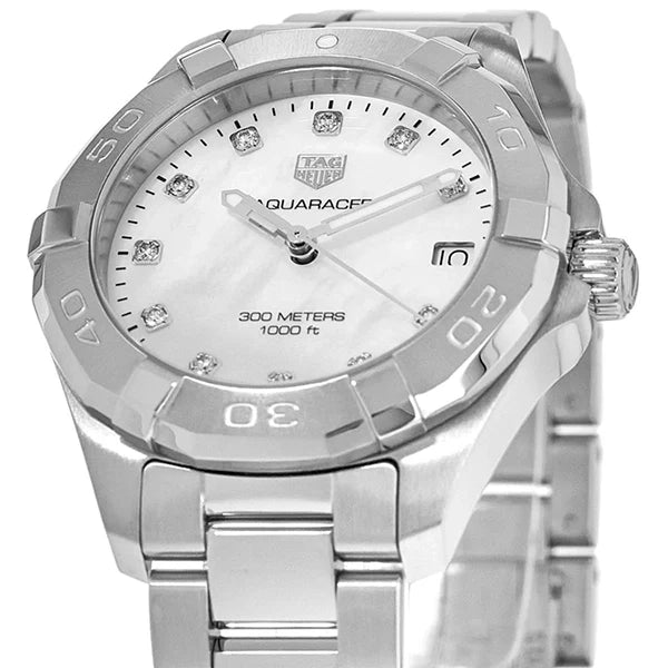 Shop Authentic Tag Heuer Aquaracer Diamonds White Mother of Pearl Dial Silver Steel Strap Watch for Women - WBD1314.BA0740 - Luxxuri