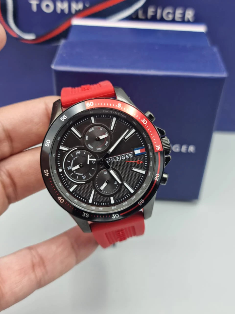 Tommy Hilfiger Multifunction Quartz Black Dial Red Rubber Strap Watch for Men - 1791722
