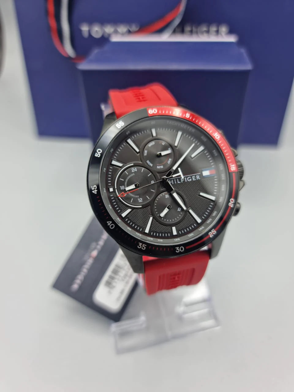 Tommy Hilfiger Multifunction Quartz Black Dial Red Rubber Strap Watch for Men - 1791722