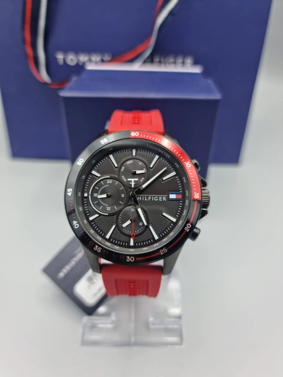 Tommy Hilfiger Multifunction Quartz Black Dial Red Rubber Strap Watch for Men - 1791722
