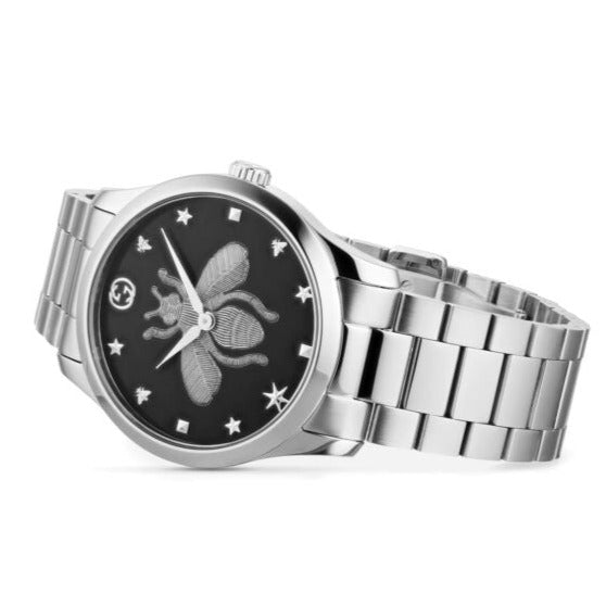 Shop Authentic Gucci G Timeless Quartz Black Dial Silver Steel Strap Watch For Women - YA1264136 - Luxxuri