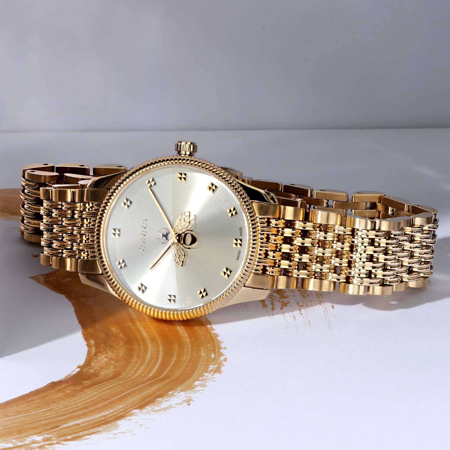 Shop Authentic Gucci G Timeless Quartz Mother of Pearl Dial Gold Steel Strap Watch For Women - YA1265021 - Luxxuri