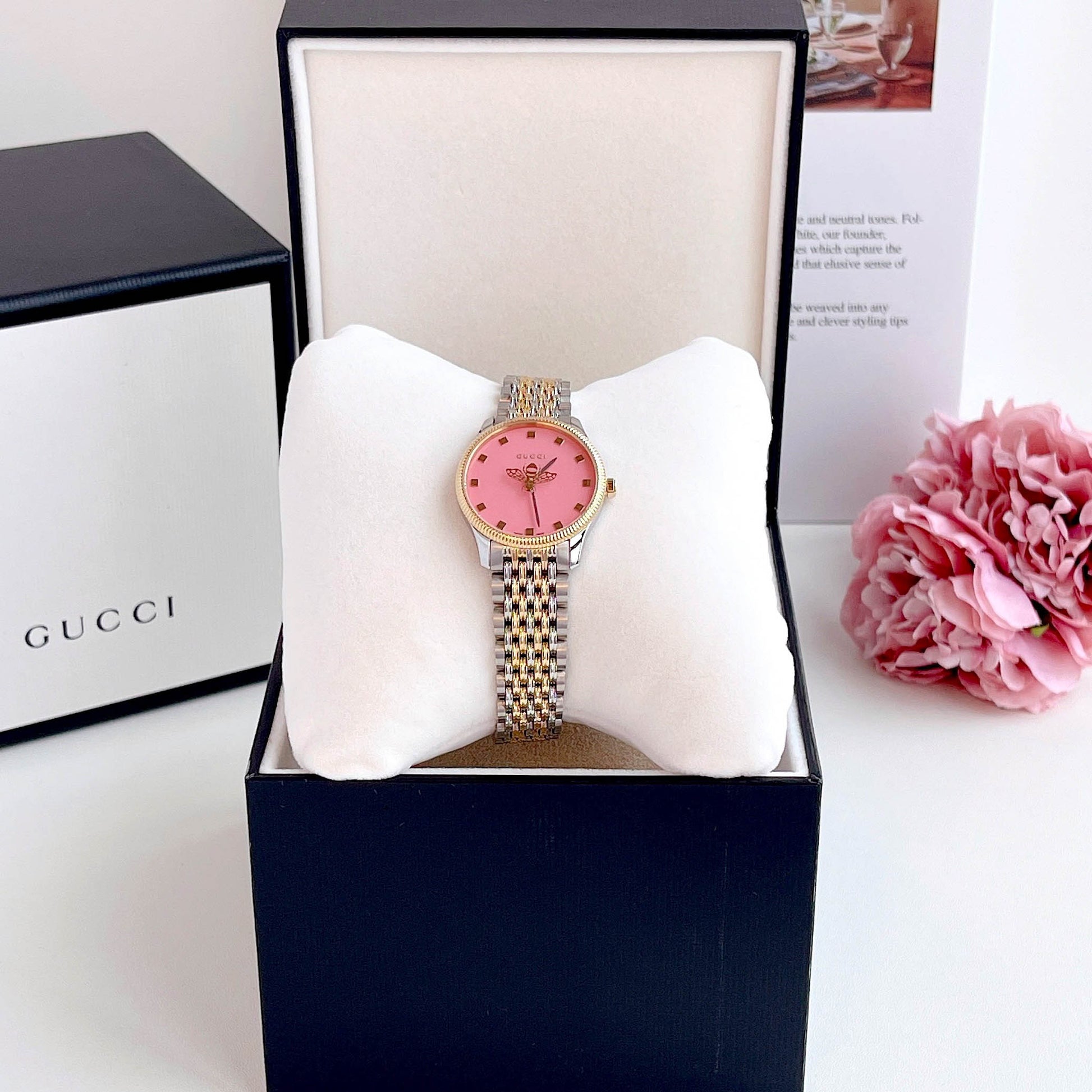 Shop Authentic Gucci G Timeless Quartz Pink Dial Two Tone Steel Strap Watch For Women - YA1265030 - Luxxuri