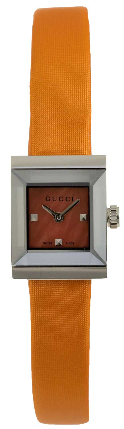 Shop Authentic Gucci G-Frame Square Mother of Pearl Orange Dial Orange Leather Strap Watch For Women - YA128532 - Luxxuri