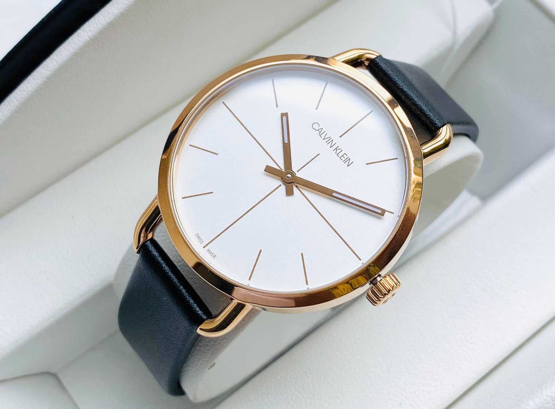 Shop Authentic Calvin Klein Even White Dial Black Leather Strap Watch for Women - K7B236C6 - Luxxuri