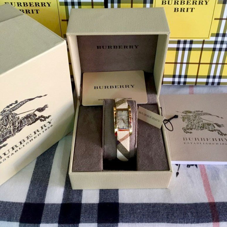 Burberry Pioneer Gold Dial Haymarket Leather Watch for Women - BU9509