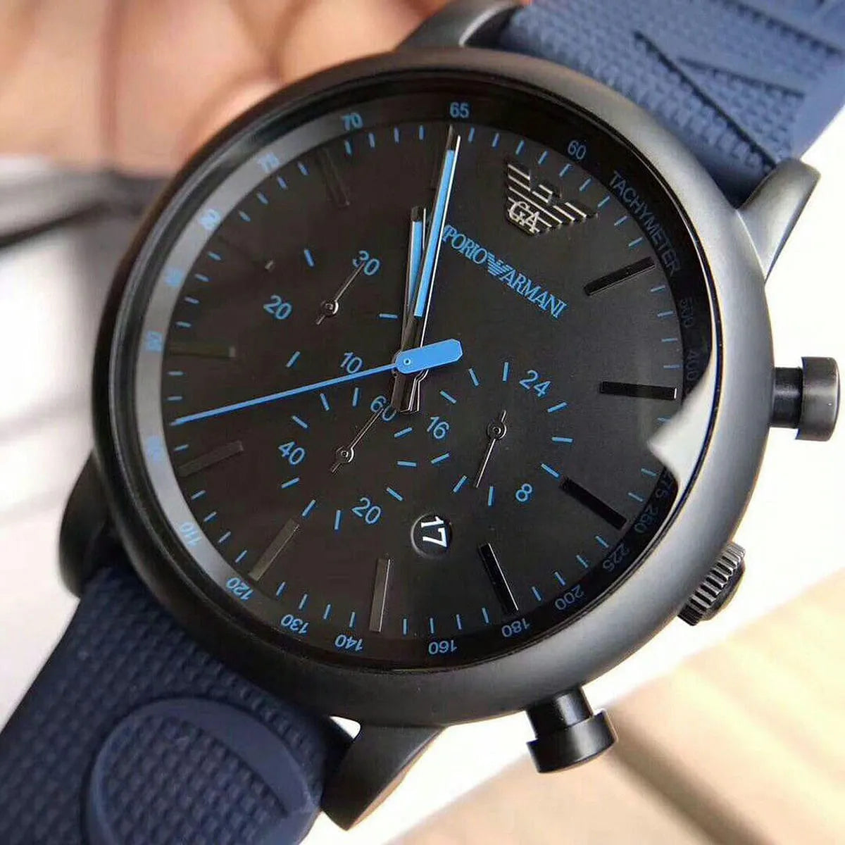 Emporio Armani Luigi Chronograph Black Dial Blue Rubber Strap Watch For Men - AR11023