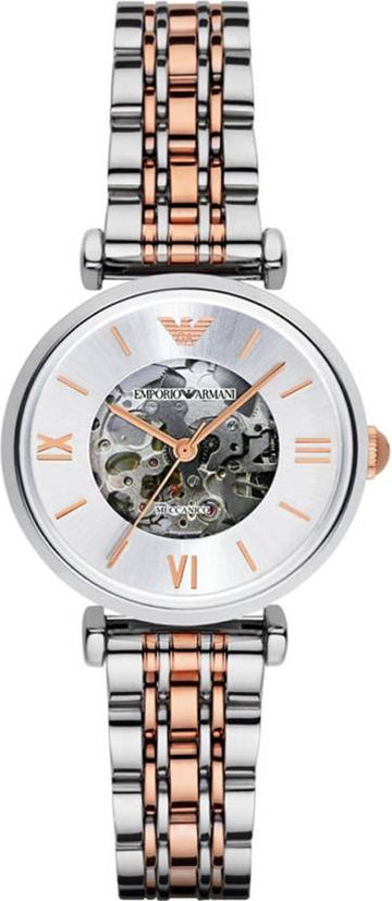 Shop Authentic Emporio Armani Gianni T Bar Silver Skeleton Dial Two Tone Strap Watch For Women - AR1992 - Luxxuri