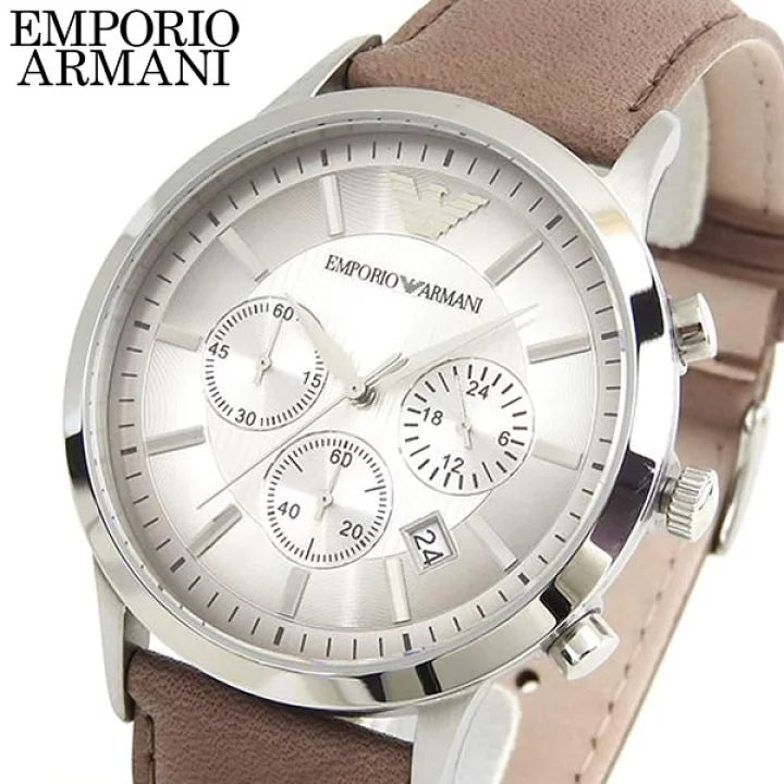 Shop Authentic Emporio Armani Classic Chronograph Silver Dial Brown Leather Strap Watch For Men - AR2471 - Luxxuri