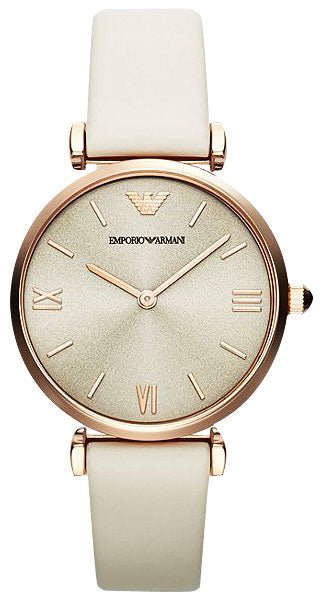 Shop Authentic Emporio Armani Gianni T Bar Light Brown Dial White Leather Strap Watch For Women - AR1769 - Luxxuri