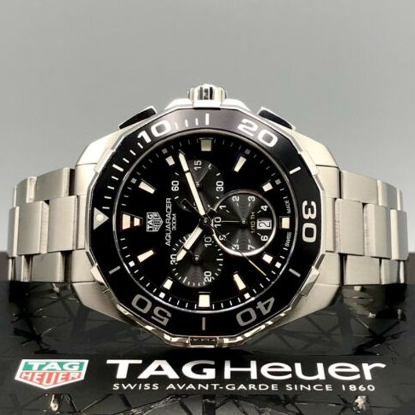Shop Authentic Tag Heuer Aquaracer Quartz Chronograph Black Dial Silver Steel Strap Watch for Men - CAY111A.BA0927 - Luxxuri