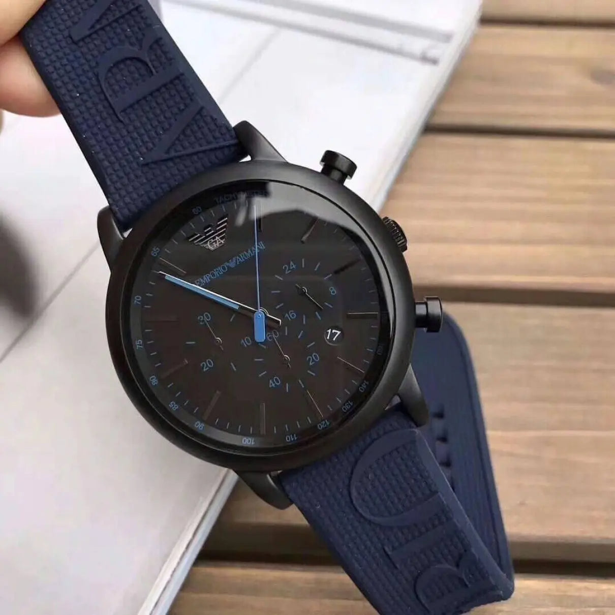 Emporio Armani Luigi Chronograph Black Dial Blue Rubber Strap Watch For Men - AR11023