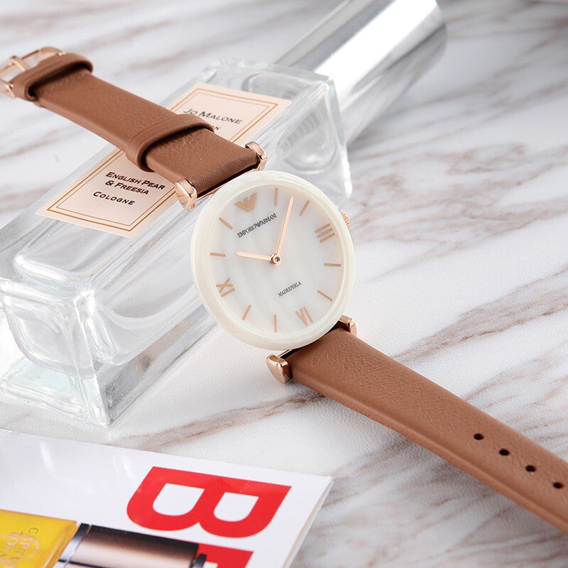 Shop Authentic Emporio Armani Gianni T Bar Quartz Mother of Pearl White Dial Brown Leather Strap Watch For Women - AR11040 - Luxxuri