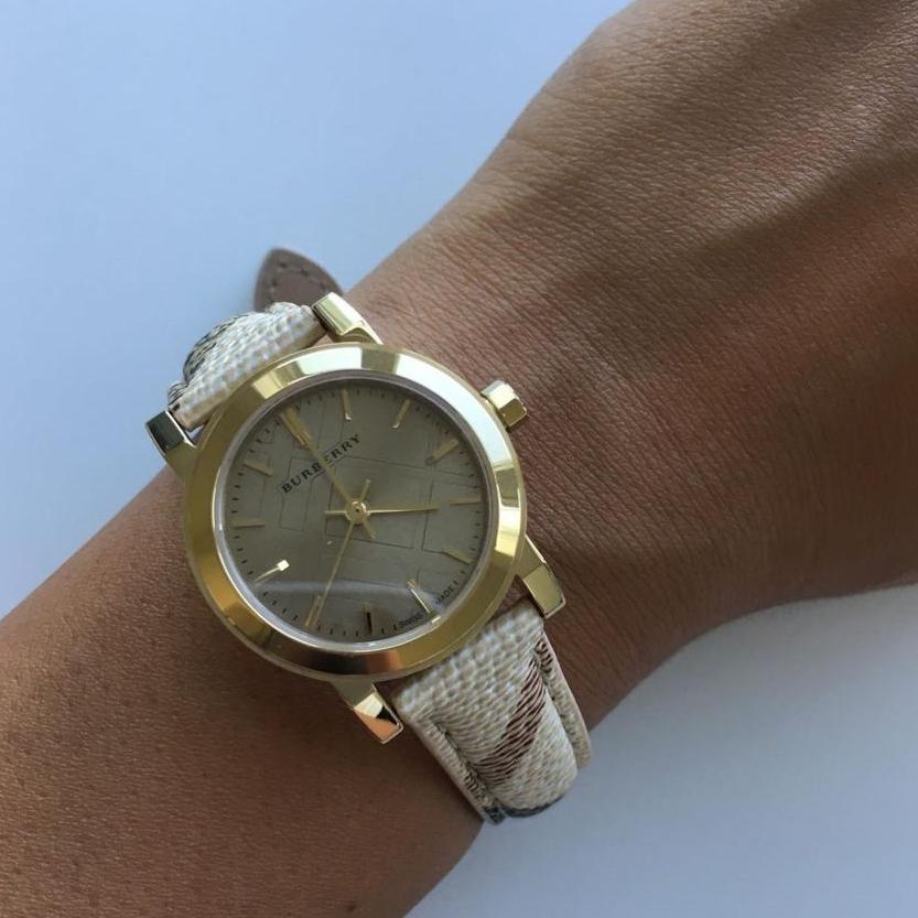 Shop Authentic Burberry The City Gold Dial Haymarket Brown Leather Strap Watch for Women - BU9219 - Luxxuri
