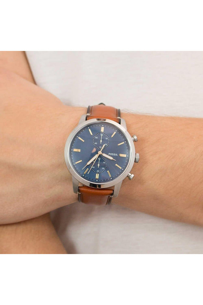 Fossil Townsman Chronograph Blue Dial Brown Leather Strap Watch for Men - FS5279