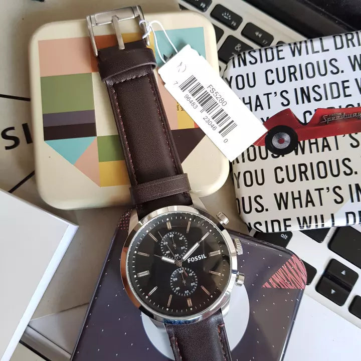 Fossil Townsman Chronograph Black Dial Brown Leather Strap Watch for Men - FS5280