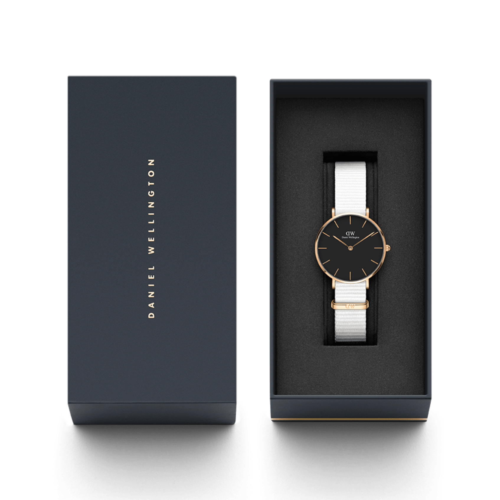 Shop Authentic Daniel Wellington Classic Petite Dover Black Dial White NATO Strap Watch For Women - DW001000314 - Luxxuri