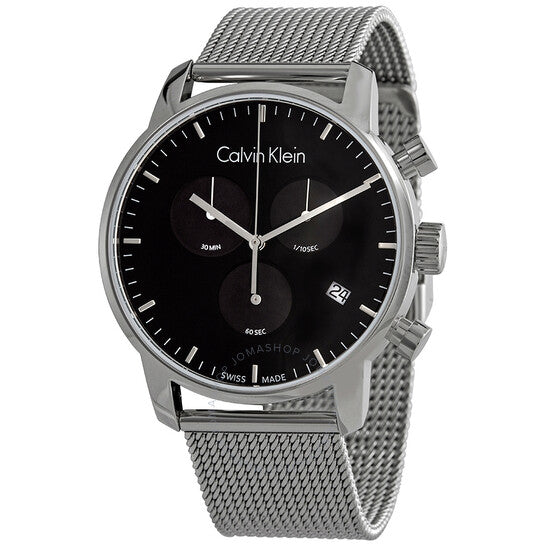Shop Authentic Calvin Klein City Chronograph Black Dial Silver Mesh Bracelet Watch for Men - K2G27121 - Luxxuri