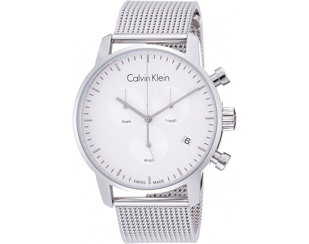 Shop Authentic Calvin Klein City Chronograph White Dial Silver Mesh Bracelet Watch for Men - K2G27126 - Luxxuri