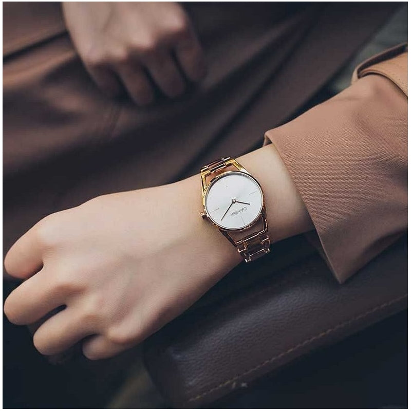 Shop Authentic Calvin Klein Dainty White Dial Rose Gold Steel Strap Watch for Women - K7L23646 - Luxxuri