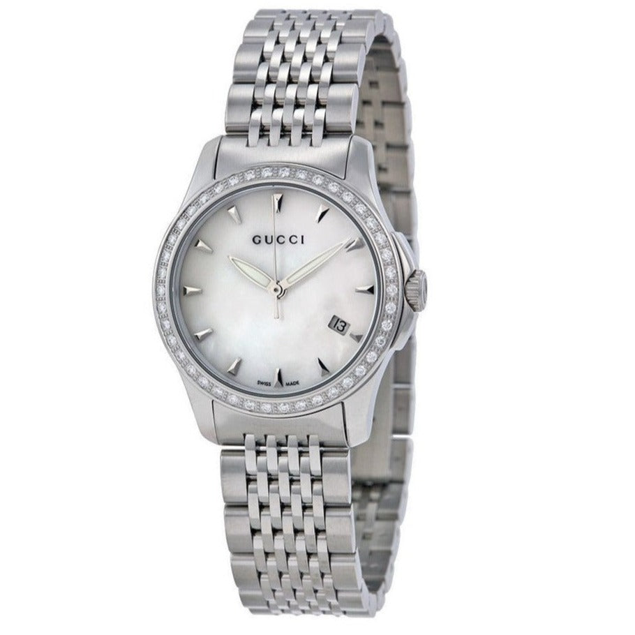 Shop Authentic Gucci G Timeless Diamonds Mother of Pearl Dial Silver Steel Strap Watch For Women - YA126506 - Luxxuri