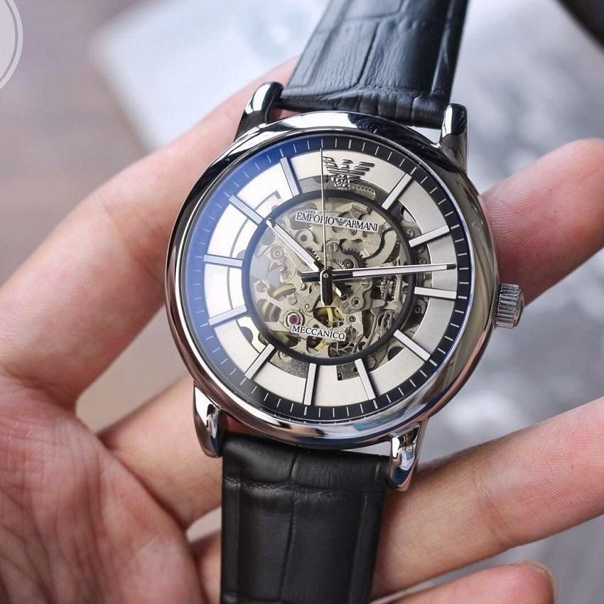 Shop Authentic Emporio Armani Luigi Silver Skeleton Dial Black Leather Strap Watch For Men - AR1981 - Luxxuri