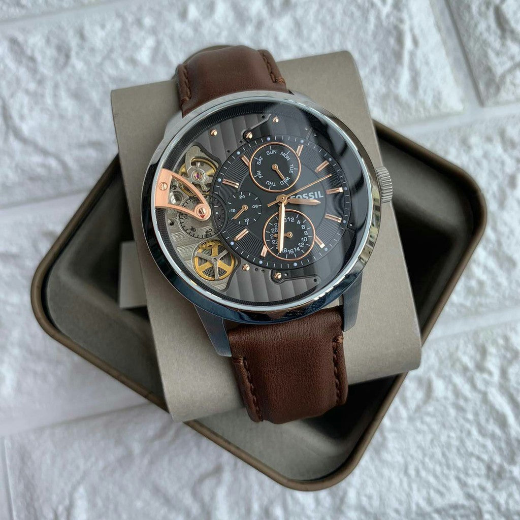 Fossil Townsman Automatic Black Dial Brown Leather Strap Watch for Men - ME1163