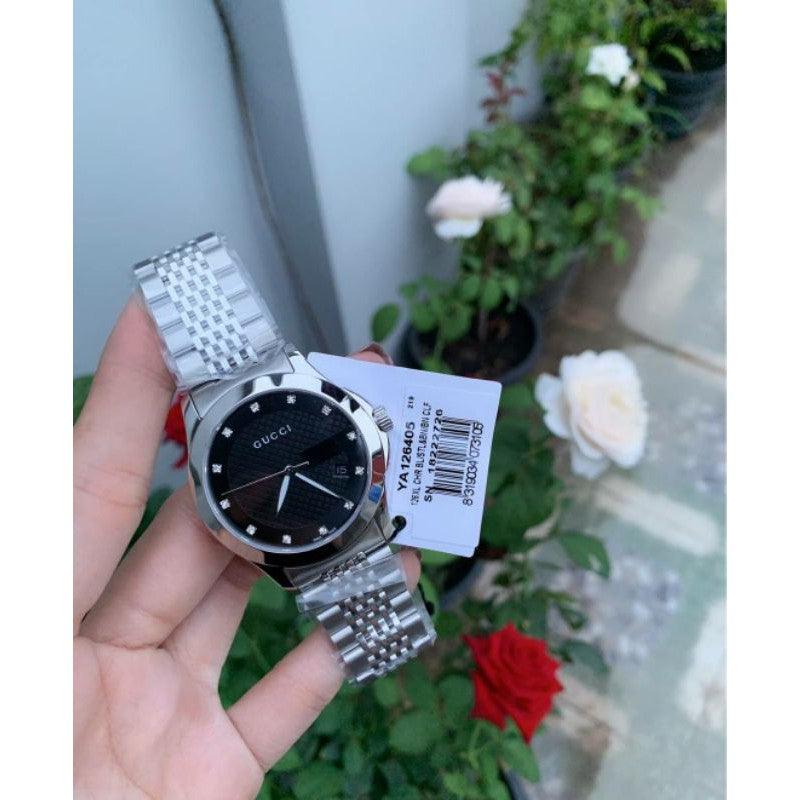 Shop Authentic Gucci G Timeless Diamonds Black Dial Silver Steel Strap Watch For Men - YA126405 - Luxxuri