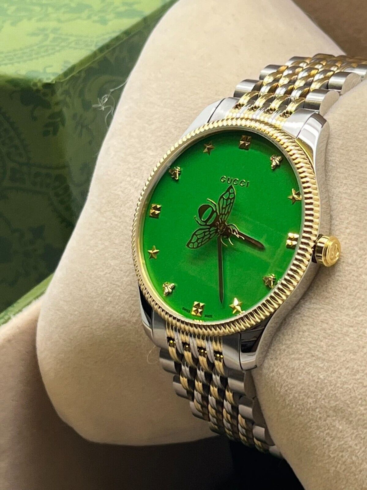 Shop Authentic Gucci G Timeless Quartz Green Dial Two Tone Steel Strap Watch For Men - YA1264182 - Luxxuri