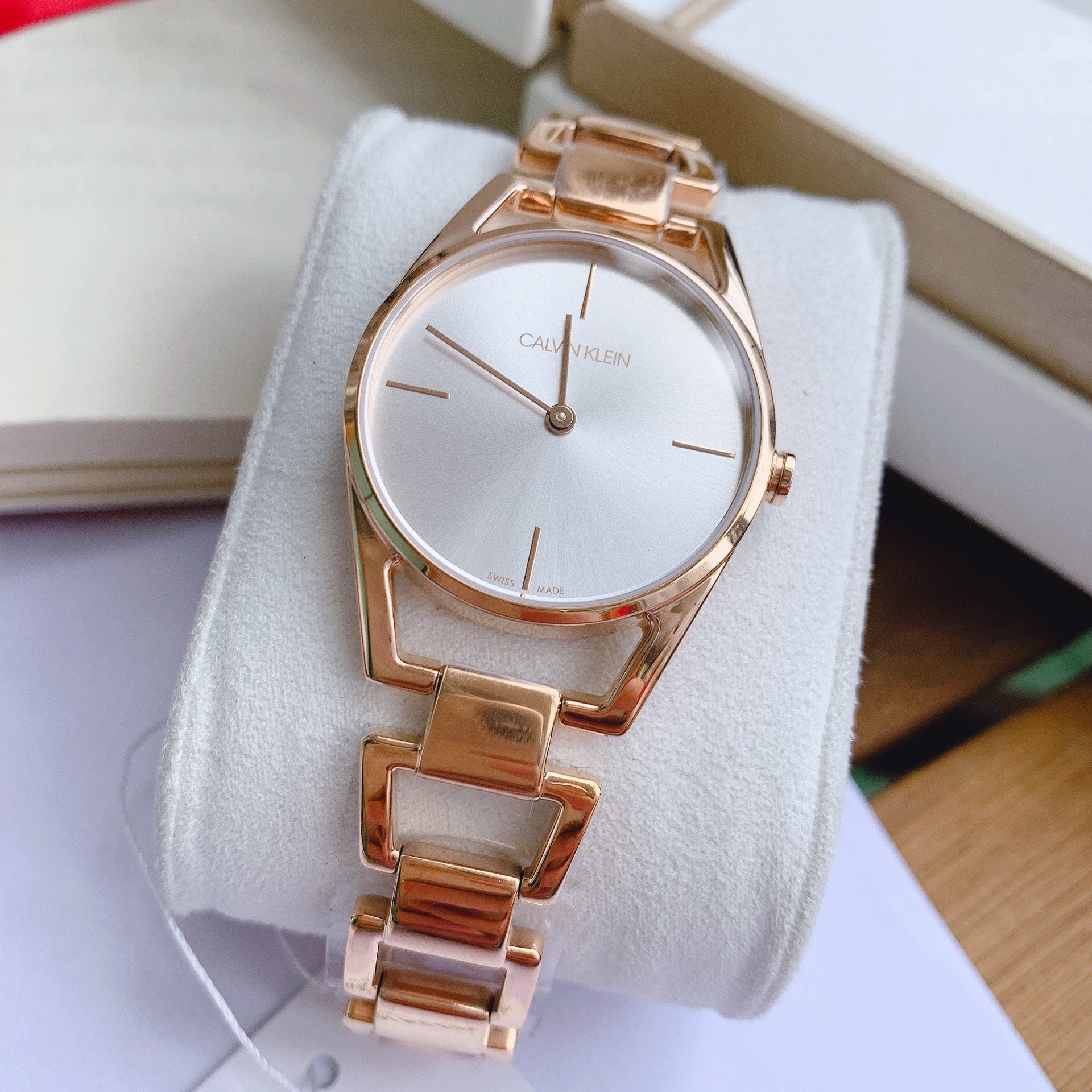 Shop Authentic Calvin Klein Dainty White Dial Rose Gold Steel Strap Watch for Women - K7L23646 - Luxxuri