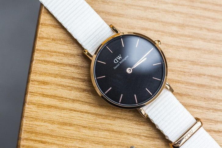 Shop Authentic Daniel Wellington Classic Petite Dover Black Dial White NATO Strap Watch For Women - DW001000314 - Luxxuri