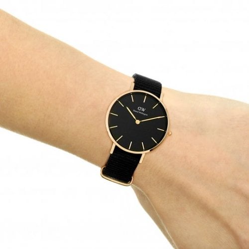 Shop Authentic Daniel Wellington Classic Petite Cornwall Black Dial Black NATO Strap Watch For Women - DW00100215 - Luxxuri