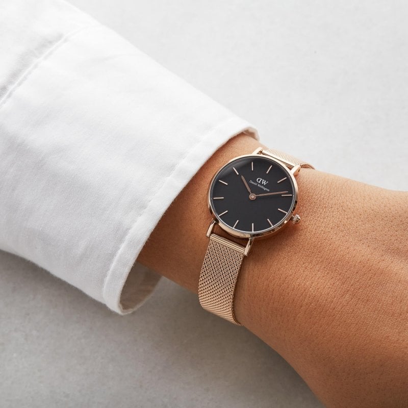 Shop Authentic Daniel Wellington Classic Petite Melrose Black Dial Rose Gold Mesh Bracelet Watch For Women - DW00100217 - Luxxuri
