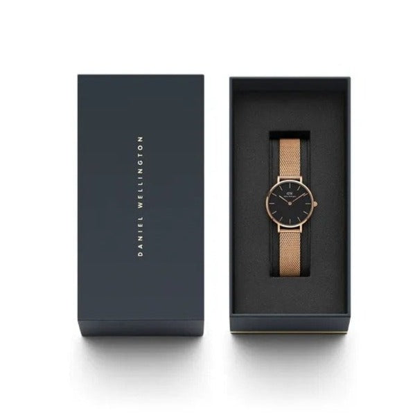 Shop Authentic Daniel Wellington Classic Petite Melrose Black Dial Rose Gold Mesh Bracelet Watch For Women - DW00100217 - Luxxuri