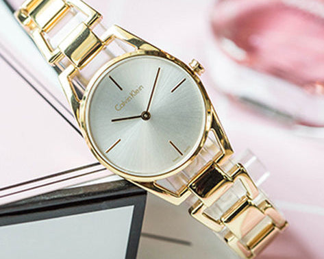 Shop Authentic Calvin Klein Dainty White Dial Gold Steel Strap Watch for Women - K7L23546 - Luxxuri