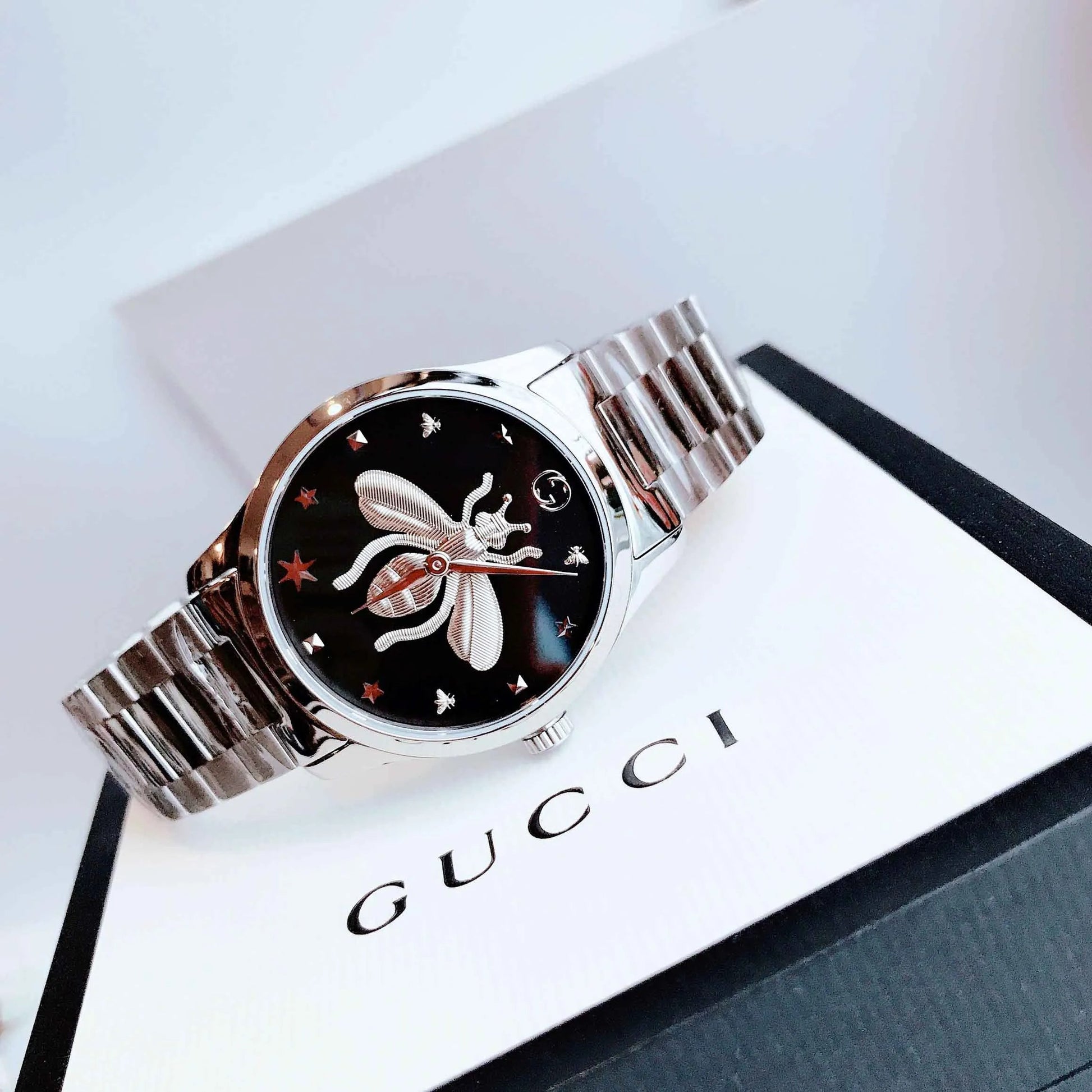 Shop Authentic Gucci G Timeless Quartz Black Dial Silver Steel Strap Watch For Women - YA1264136 - Luxxuri