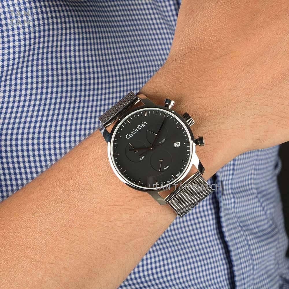 Shop Authentic Calvin Klein City Chronograph Black Dial Silver Mesh Bracelet Watch for Men - K2G27121 - Luxxuri